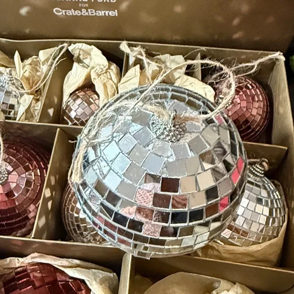 Crate&Barrel Rosy Red, Silver, Pink Disco Ball Ornaments Set 12 - Picture 3 of 14